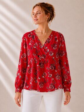 LOFT Outlet Red Floral Wrap Look Blouse V Neck Long Sleeve Size M NWT
